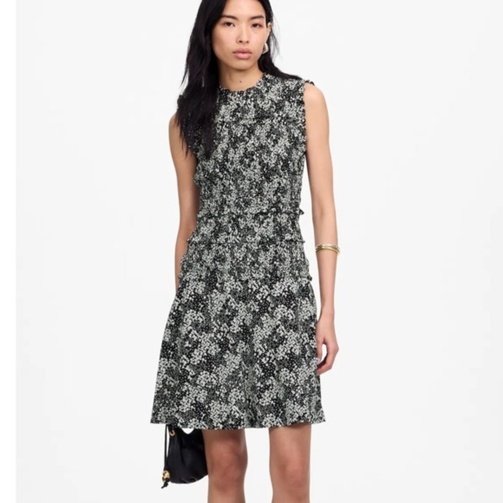 Madewell Women's Black White Floral Sleeveless Ruffle Neck Mini Dress Size 8 NWT